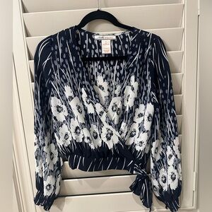 Free People Navy and White Floral Wrap Blouse